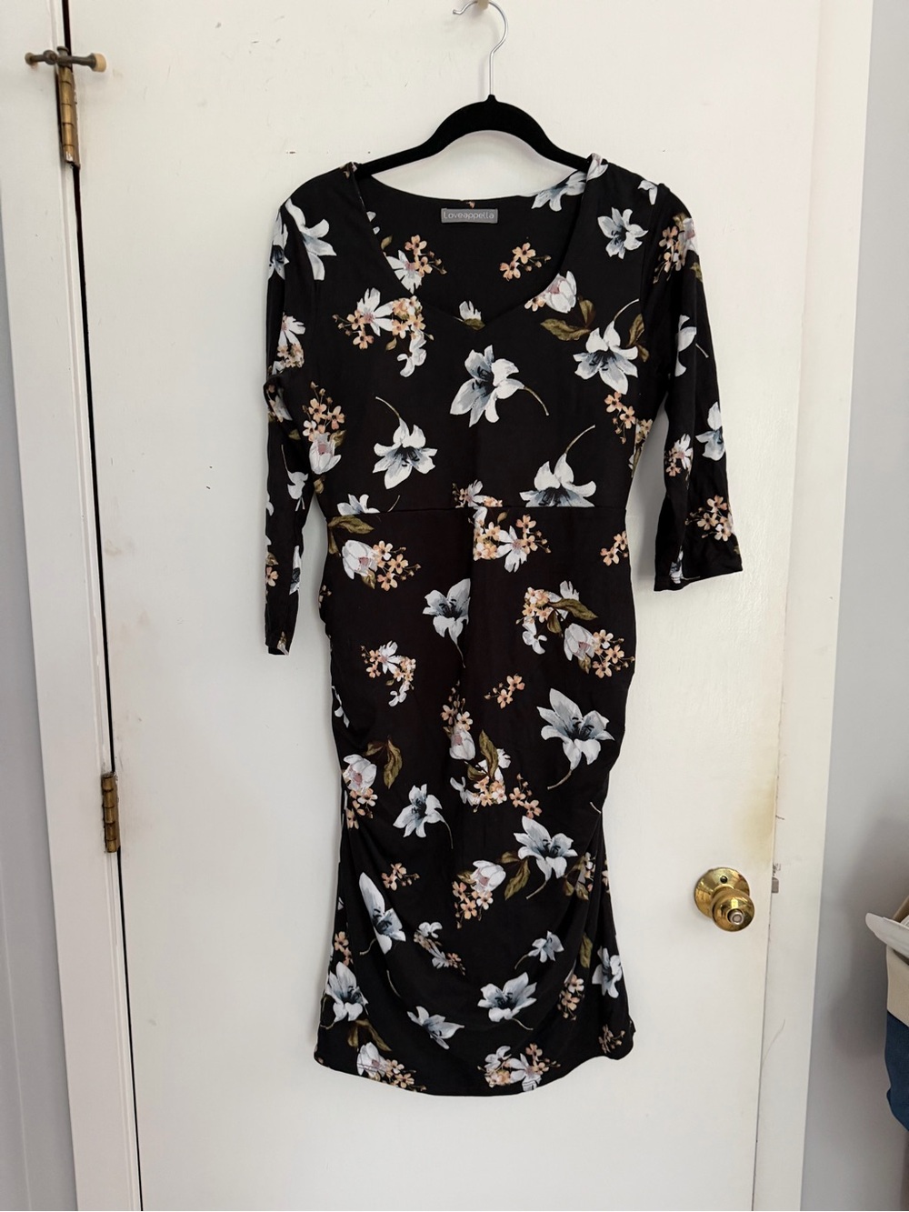 Loveappella Floral Maternity Dress - Black with White & Cream Flowers | Medium